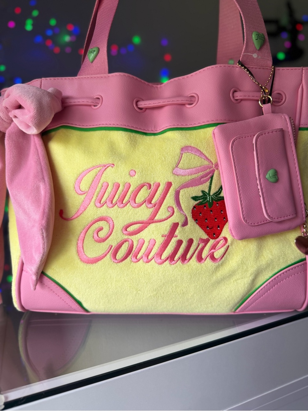 Juicy Couture Retro Strawberry Daydreamer Tote Yellow Iris pink bow y2k viral